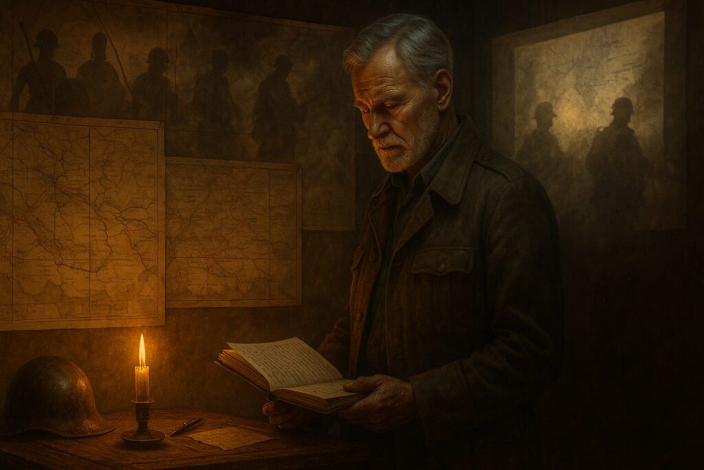 Historian-soldier Friedrich Bargideon reflects by candlelight among maps of forgotten wars.