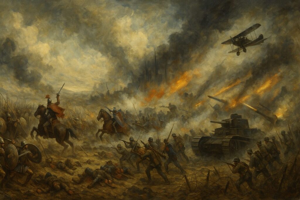 Panoramic oil painting depicting the evolution of warfare from ancient shield walls to modern mechanized and aerial combat across a sweeping battlefield.